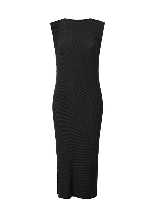 A product shot of the ISSEY MIYAKE RHOMBUS PLEATS dress in black.