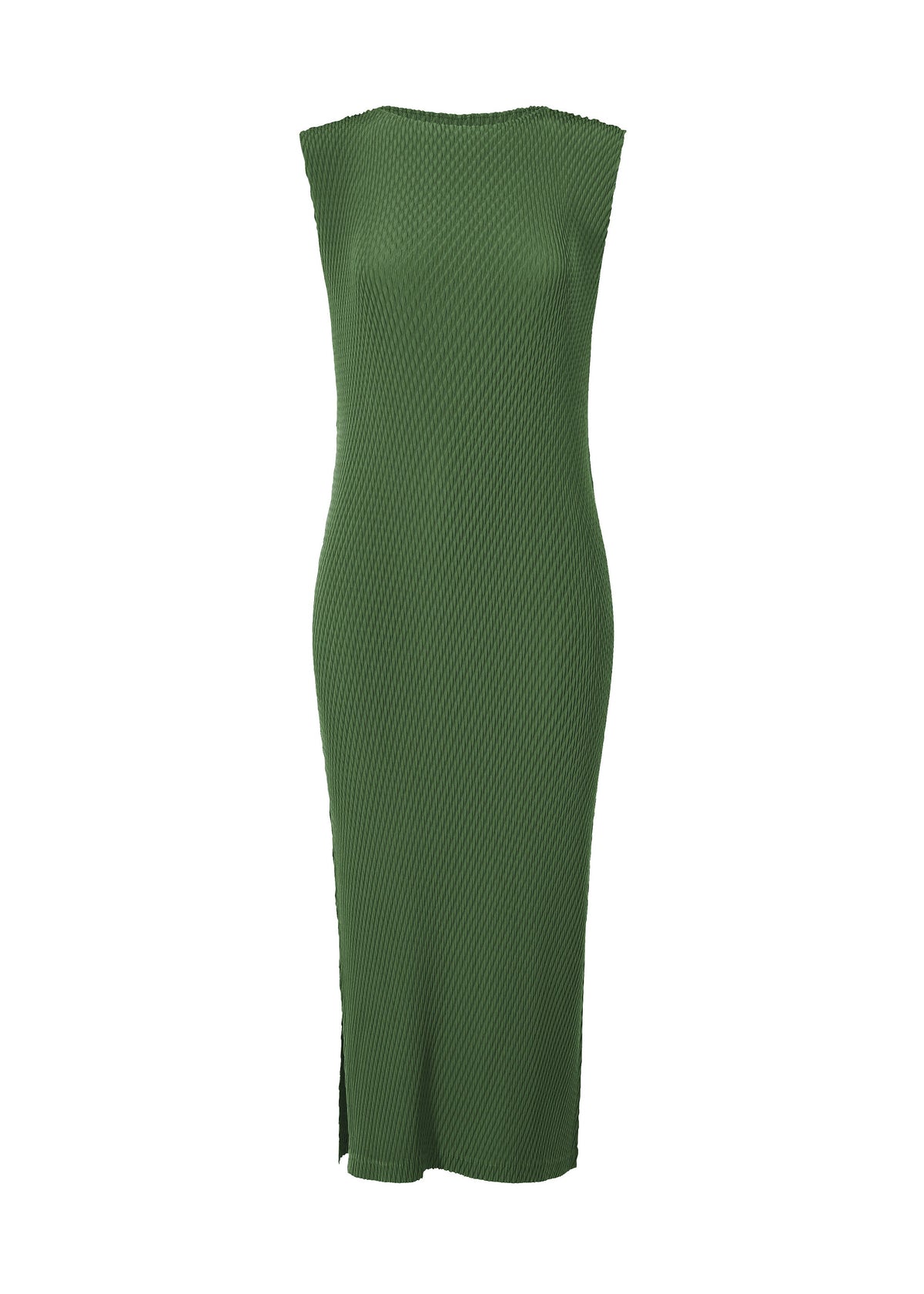 A product shot of the ISSEY MIYAKE RHOMBUS PLEATS dress in dark green.