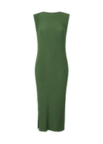 A product shot of the ISSEY MIYAKE RHOMBUS PLEATS dress in dark green.