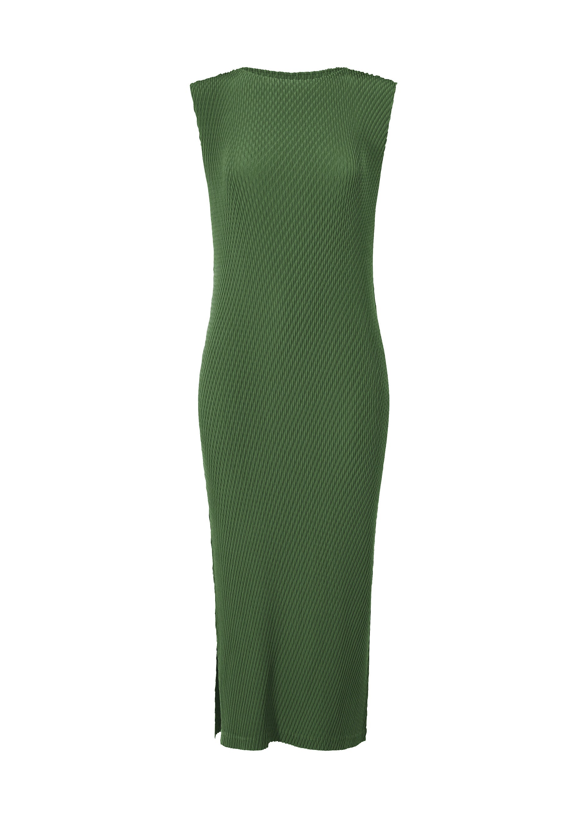 A product shot of the ISSEY MIYAKE RHOMBUS PLEATS dress in dark green.