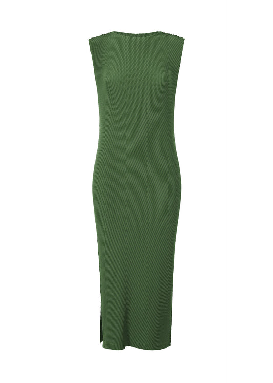 A product shot of the ISSEY MIYAKE RHOMBUS PLEATS dress in dark green.