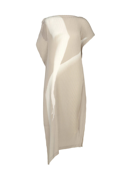 A product shot of the ISSEY MIYAKE HANDS OF LOVER PLEATS dress in beige-hued.