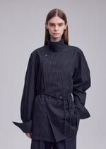 A model wears the ISSEY MIYAKE MONSIEUR SHIRT(DOBBY STRIPE) monsieur-shirt-dobby-stripe-shirt-white-hued.