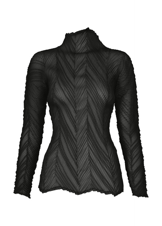 A product shot of the ISSEY MIYAKE ZIGZAG PLEATS shirt in black.