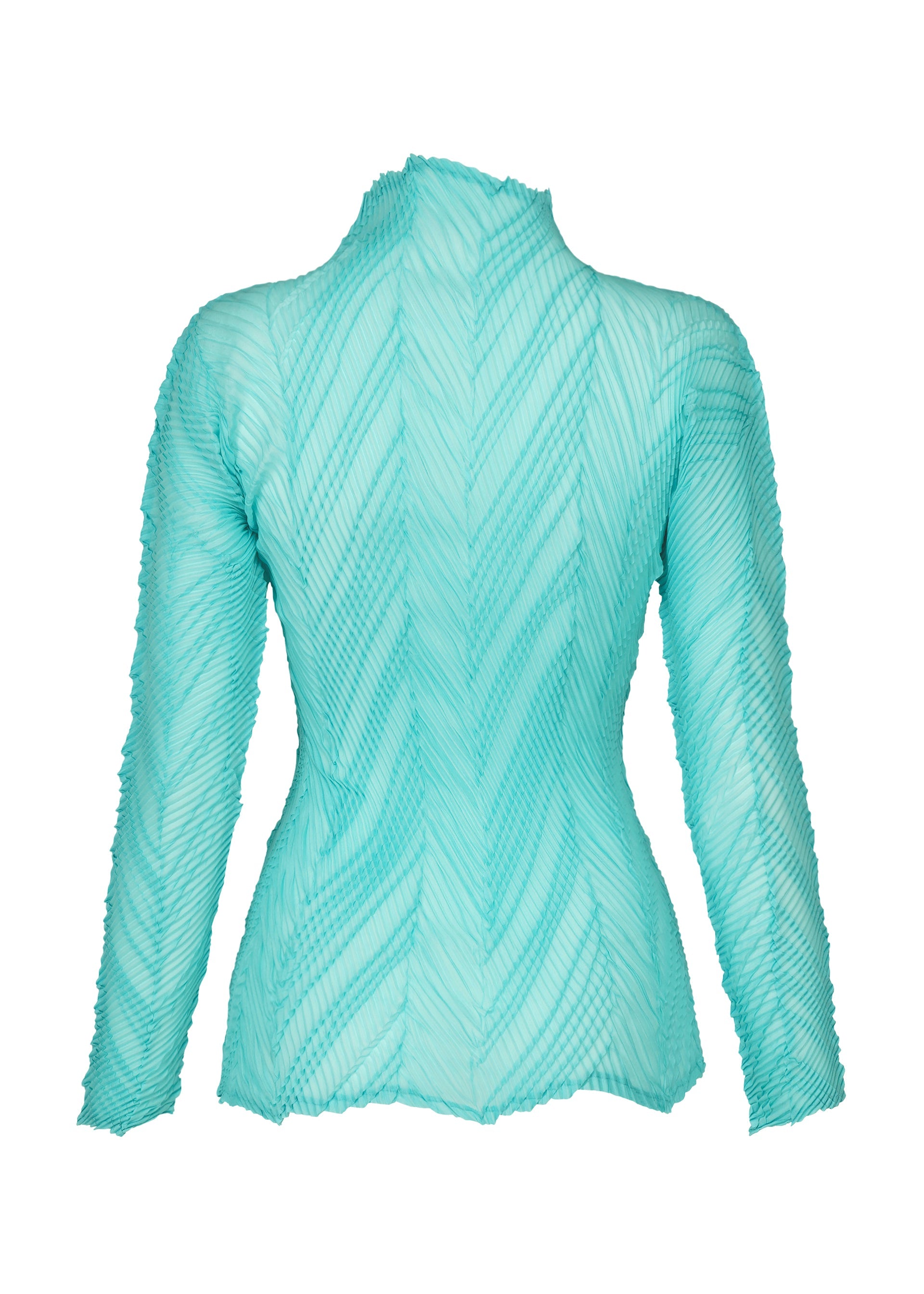 A detail shot of the ISSEY MIYAKE ZIGZAG PLEATS shirt.