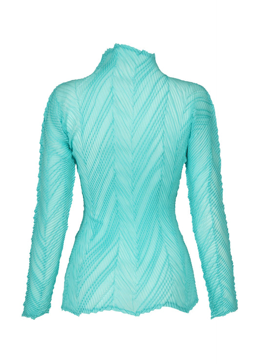 A detail shot of the ISSEY MIYAKE ZIGZAG PLEATS shirt.