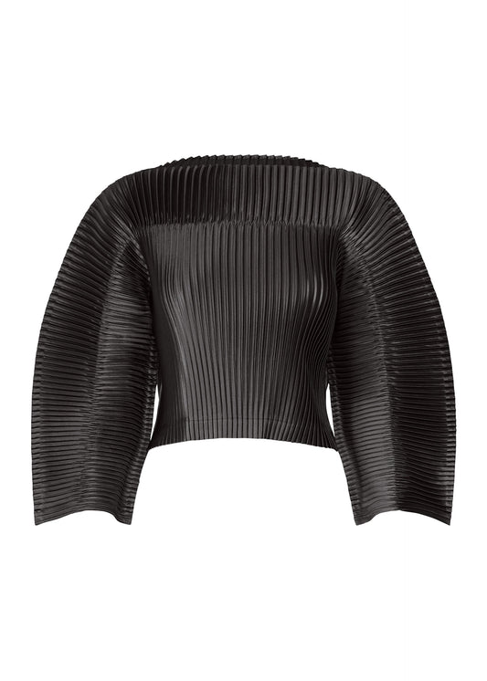 A product shot of the ISSEY MIYAKE GLOSSED PANELS PLEATS shirt in black.