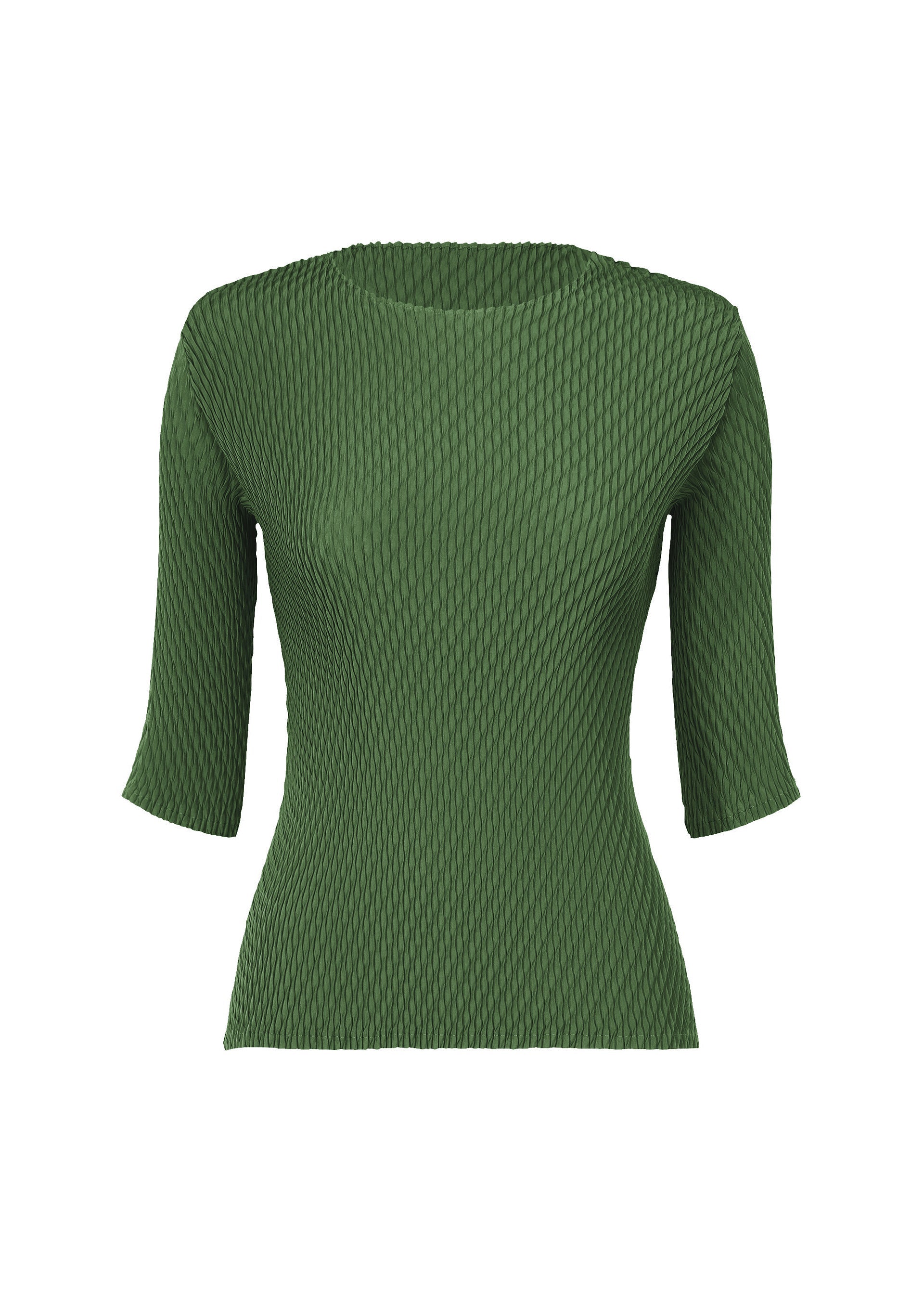 A product shot of the ISSEY MIYAKE RHOMBUS PLEATS shirt in dark green.