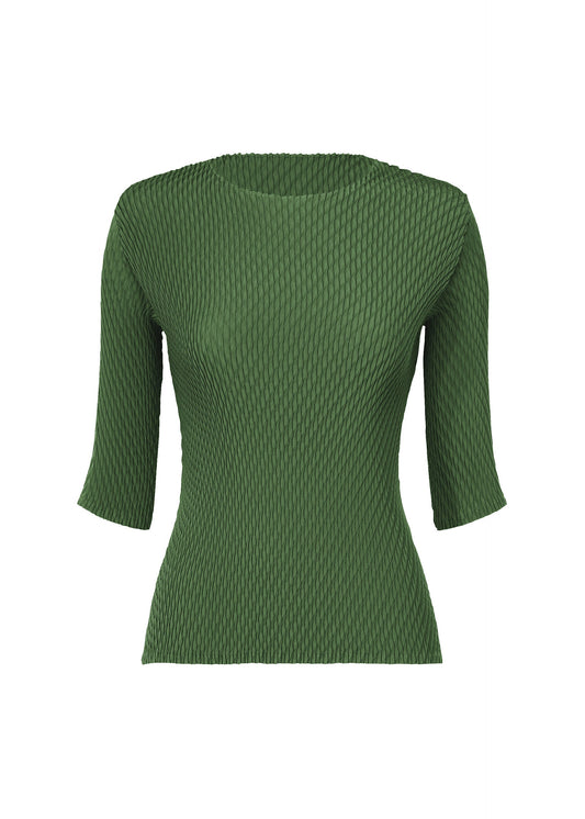 A product shot of the ISSEY MIYAKE RHOMBUS PLEATS shirt in dark green.