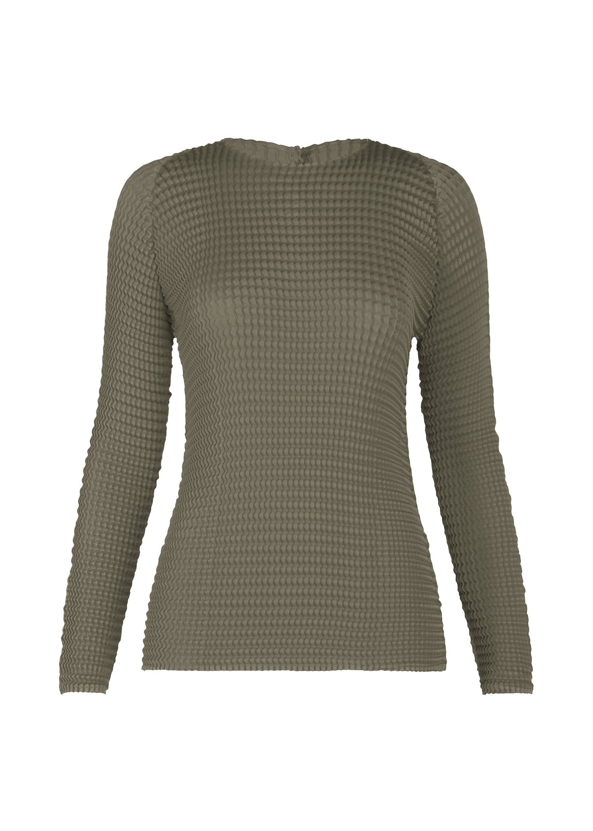A product shot of the ISSEY MIYAKE SUEDE LIKE PLEATS shirt in gray.