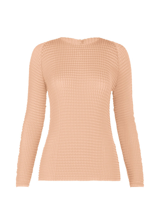 A product shot of the ISSEY MIYAKE SUEDE LIKE PLEATS shirt in light pink.