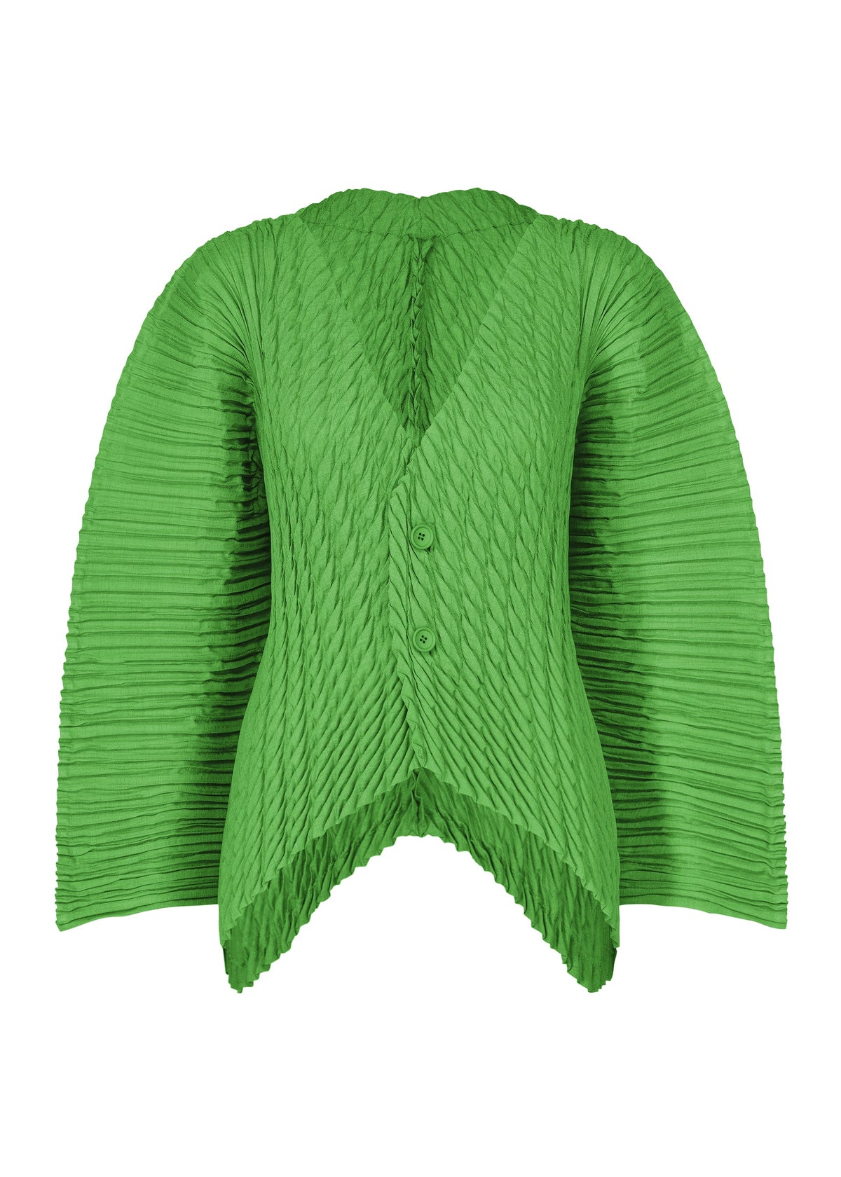 A product shot of the ISSEY MIYAKE UNFURLING PLEATS cardigan in green.
