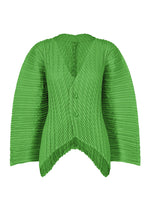 A product shot of the ISSEY MIYAKE UNFURLING PLEATS cardigan in green.