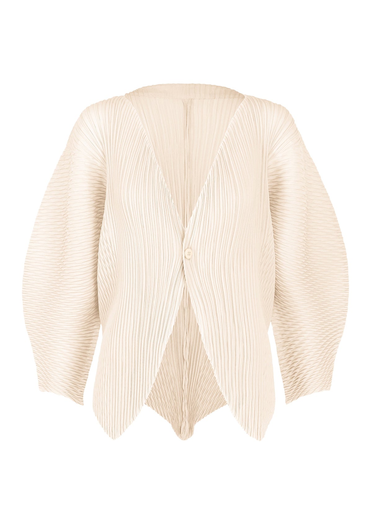 A product shot of the ISSEY MIYAKE LEAF PLEATS cardigan in off-white.