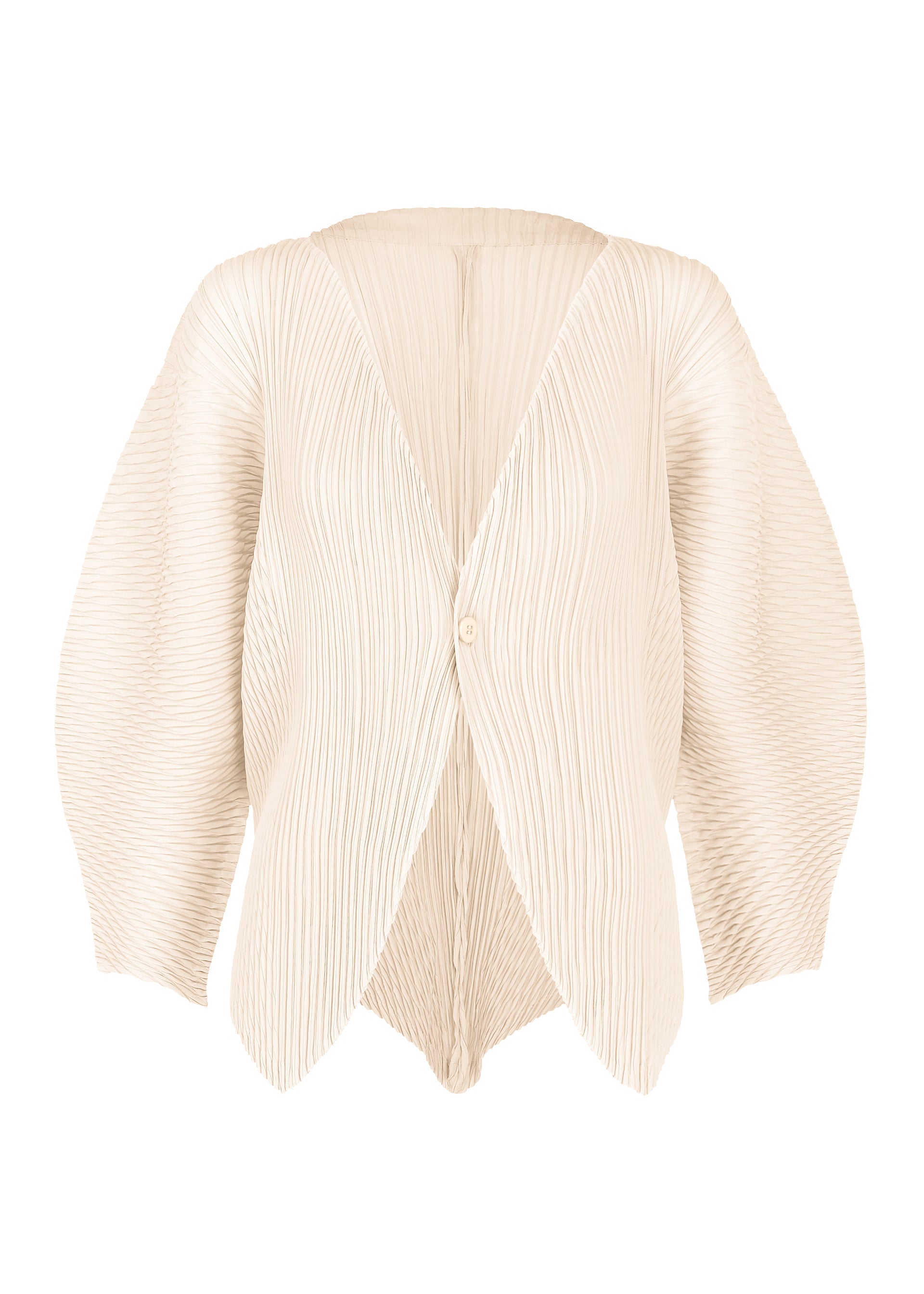 A product shot of the ISSEY MIYAKE LEAF PLEATS cardigan in off-white.