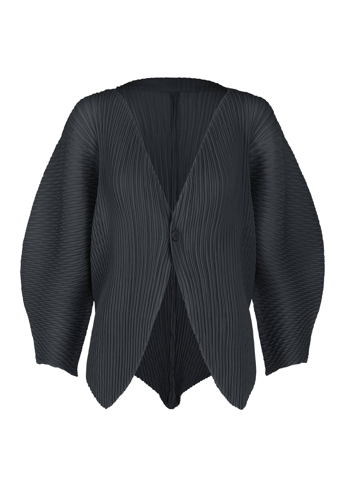 A product shot of the ISSEY MIYAKE LEAF PLEATS cardigan in dark navy.