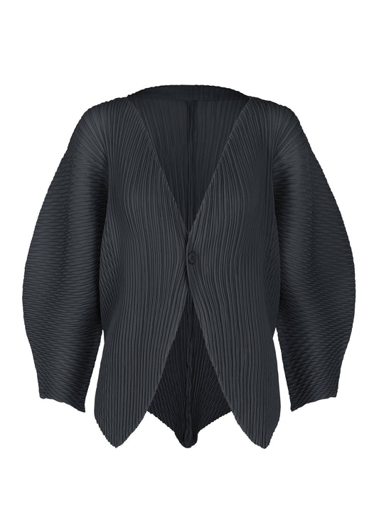 A product shot of the ISSEY MIYAKE LEAF PLEATS cardigan in dark navy.