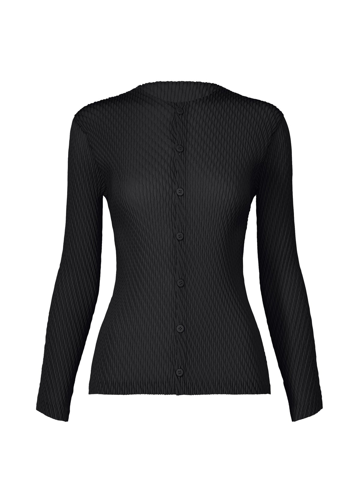 A product shot of the ISSEY MIYAKE RHOMBUS PLEATS cardigan in black.