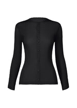 A product shot of the ISSEY MIYAKE RHOMBUS PLEATS cardigan in black.