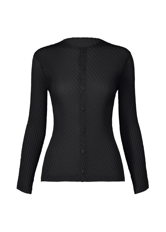 A product shot of the ISSEY MIYAKE RHOMBUS PLEATS cardigan in black.