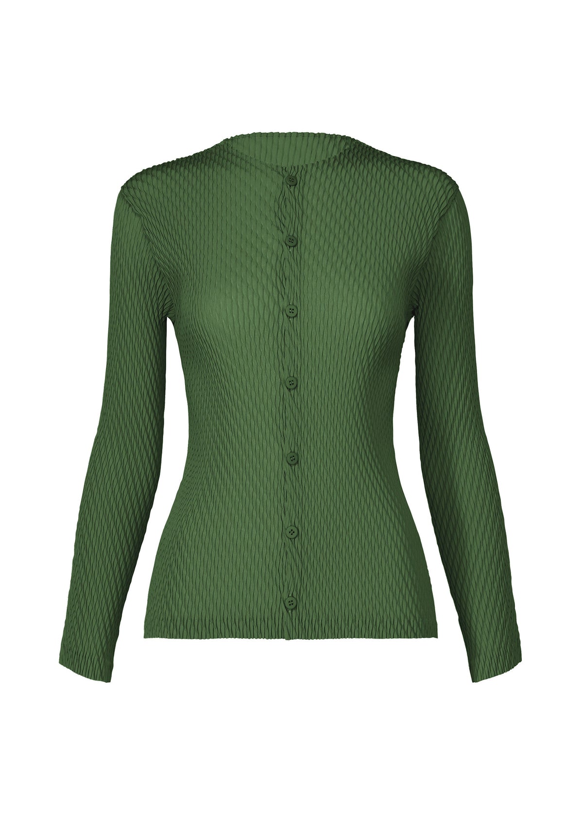 A product shot of the ISSEY MIYAKE RHOMBUS PLEATS cardigan in dark green.