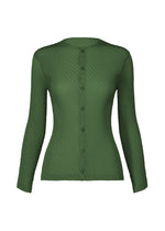 A product shot of the ISSEY MIYAKE RHOMBUS PLEATS cardigan in dark green.