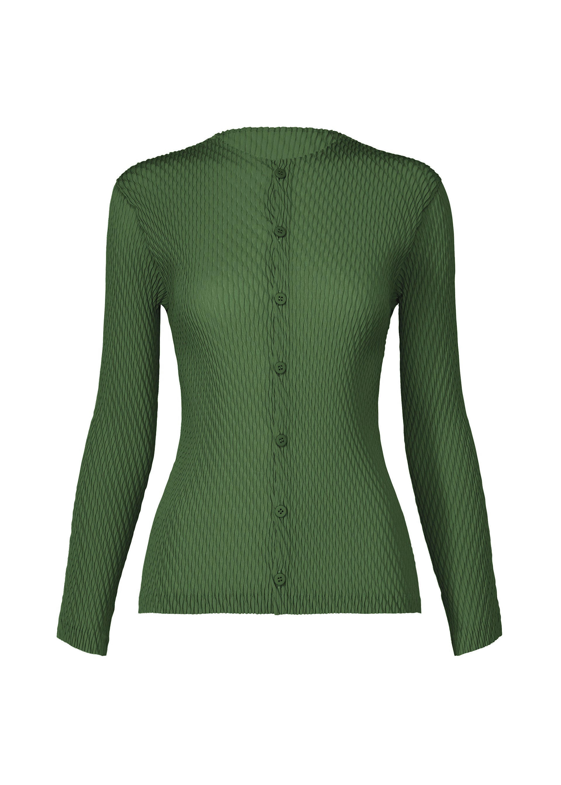 A product shot of the ISSEY MIYAKE RHOMBUS PLEATS cardigan in dark green.