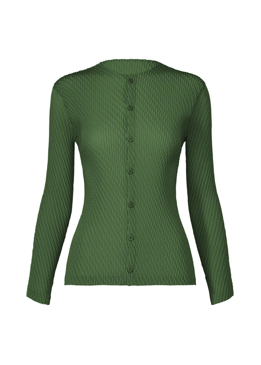 A product shot of the ISSEY MIYAKE RHOMBUS PLEATS cardigan in dark green.