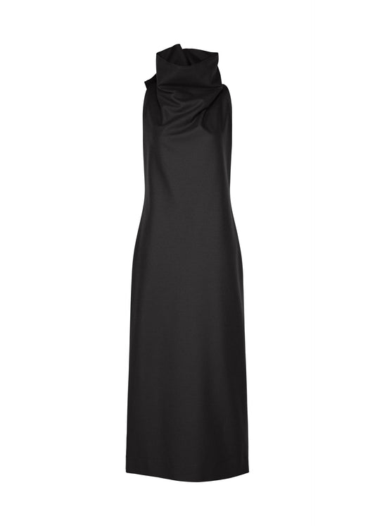 A product shot of the ISSEY MIYAKE SHELL dress in black.