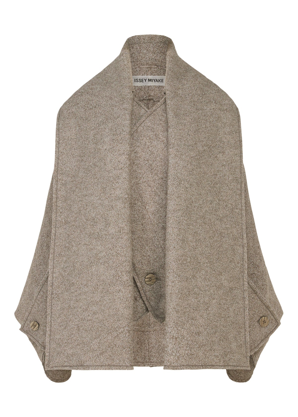 A product shot of the ISSEY MIYAKE WOOLEN GRANITE coat in beige.