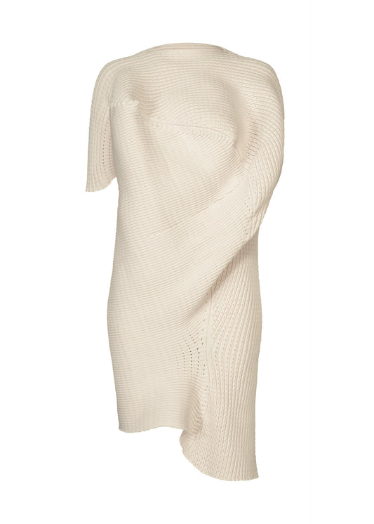 A product shot of the ISSEY MIYAKE FOUND STONE dress in off-white.