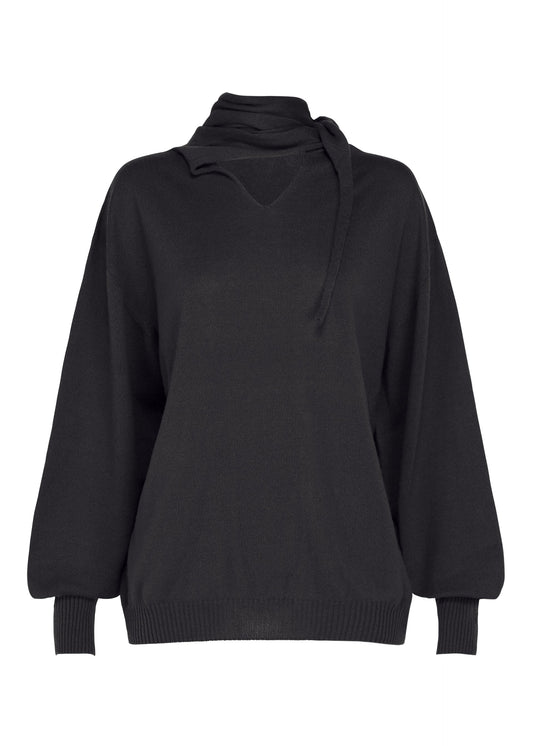 A product shot of the ISSEY MIYAKE SILK CASHMERE KNIT top in charcoal.