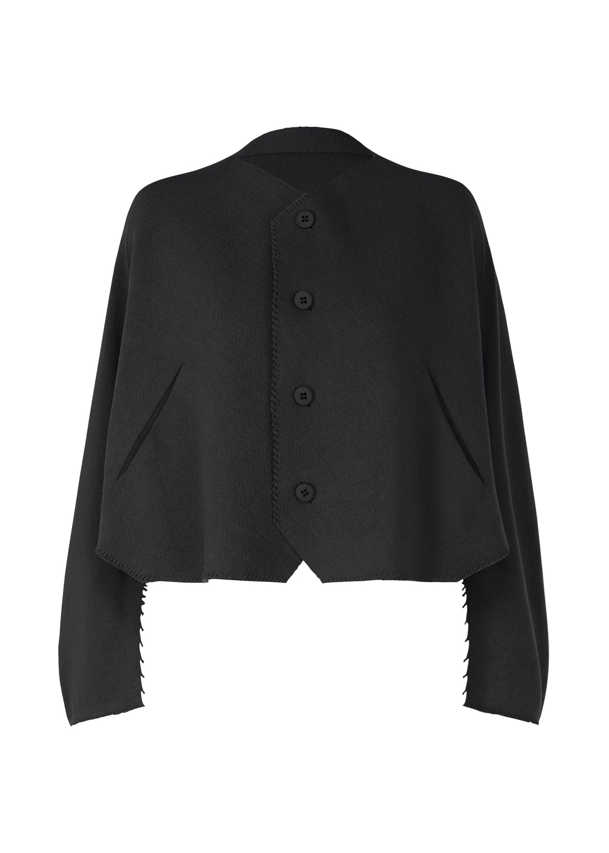 A product shot of the ISSEY MIYAKE CAMPAGNE cardigan in black.