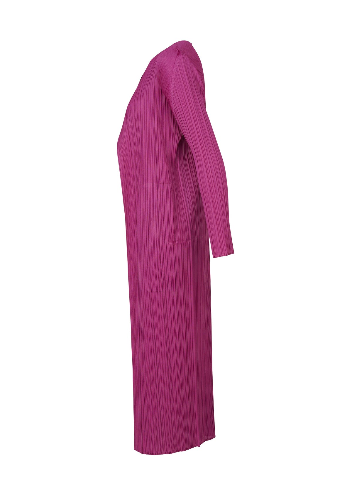 A detail shot of the Pleats Please Issey Miyake MONTHLY COLORS SEPTEMBER coat.