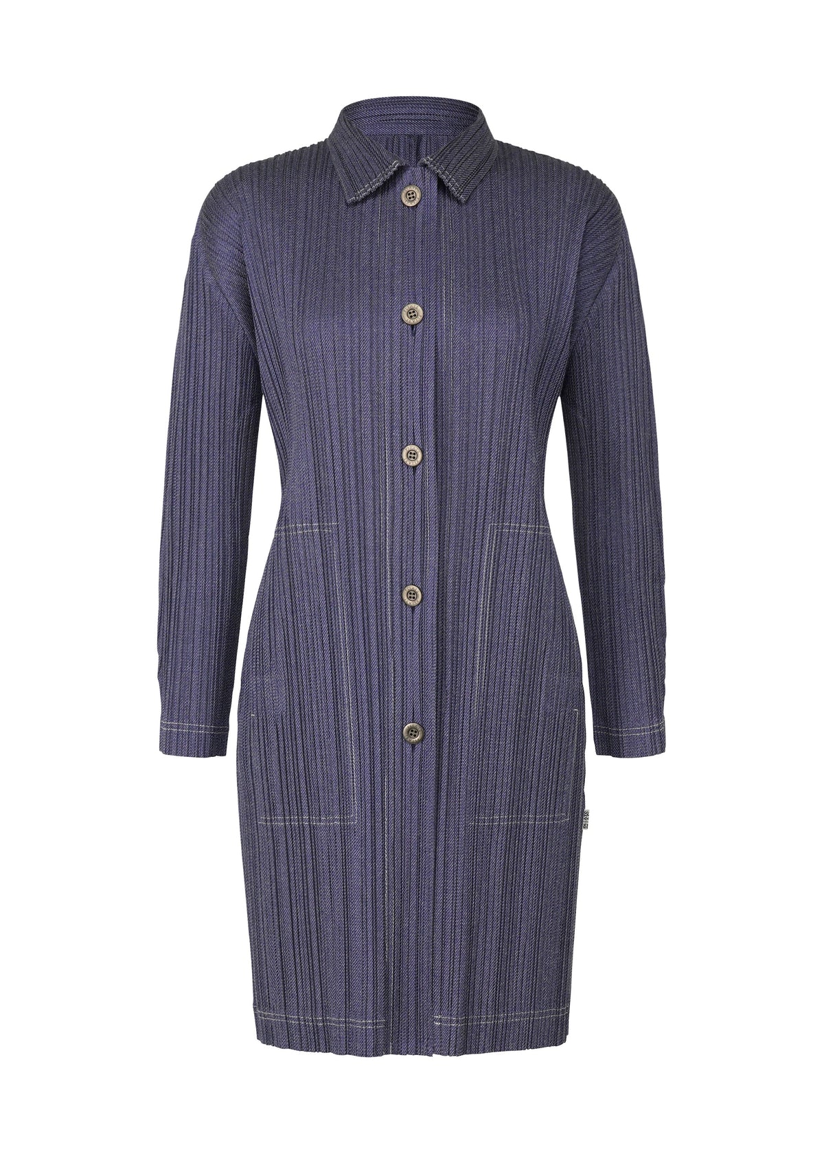 A product shot of the PLEATS PLEASE ISSEY MIYAKE COTTON DENIM coat in blue (72).