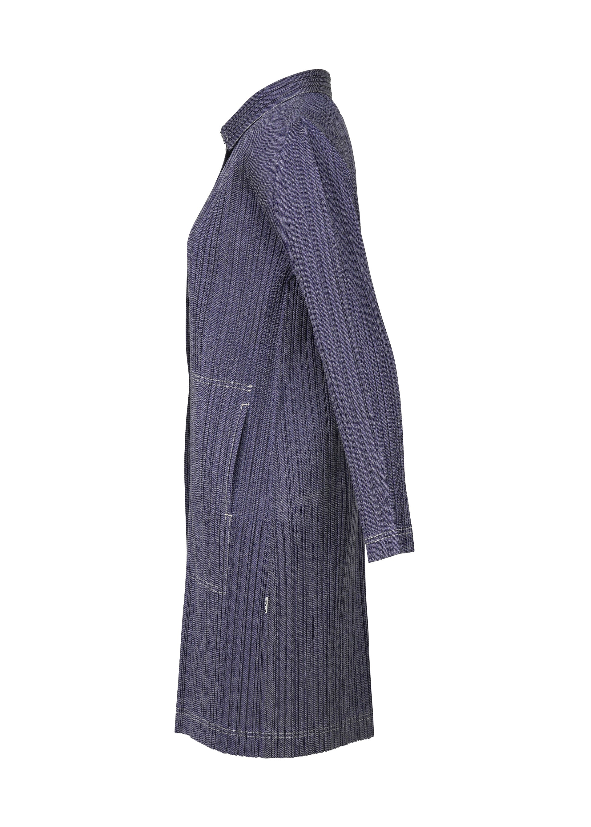 A detail shot of the PLEATS PLEASE ISSEY MIYAKE COTTON DENIM coat.