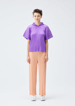 A model wears the PLEATS PLEASE ISSEY MIYAKE MONTHLY COLORS AUGUST trousers.