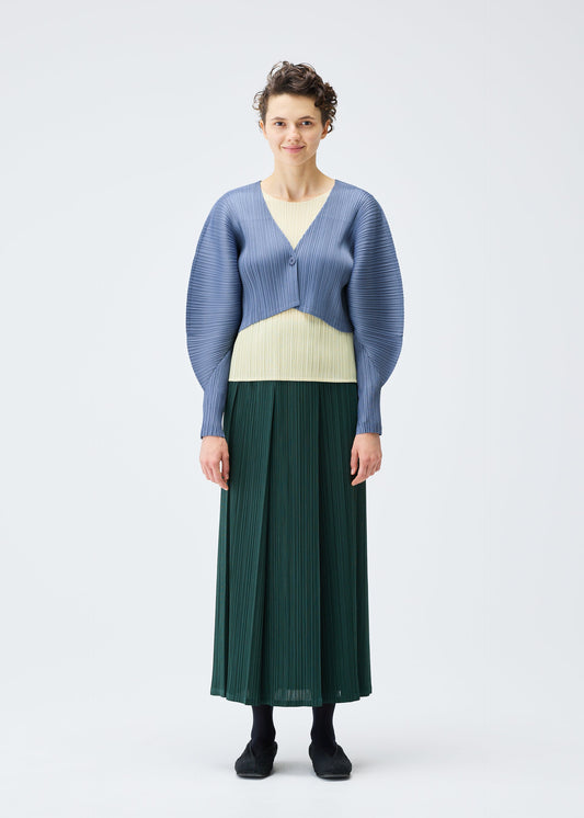 A model wears the Pleats Please Issey Miyake MONTHLY COLORS : DECEMBER skirt.