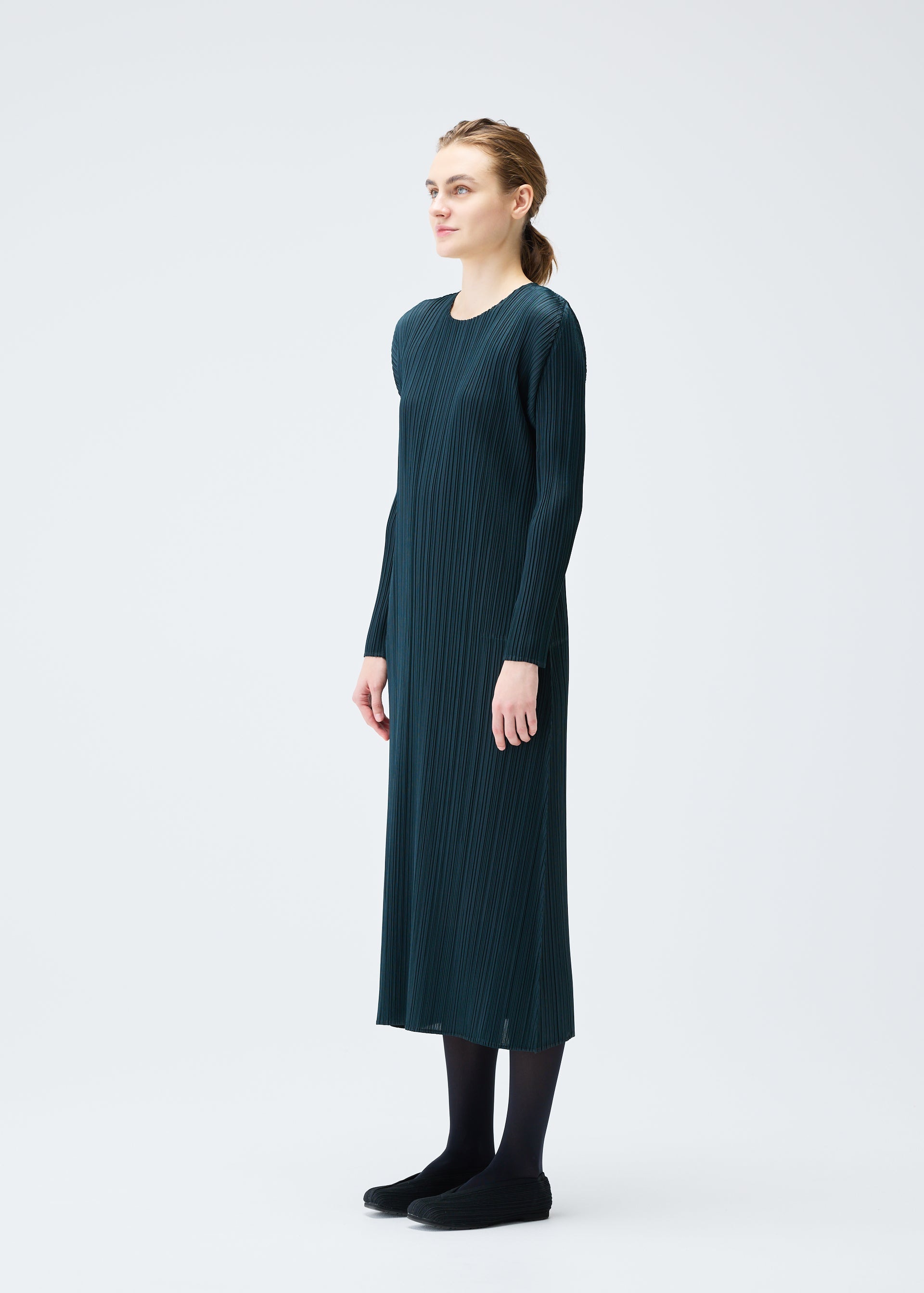 A model wears the Pleats Please Issey Miyake MONTHLY COLORS : NOVEMBER dress.