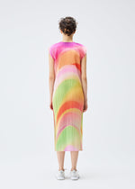 A model wears the PLEATS PLEASE ISSEY MIYAKE GROOVE dress.