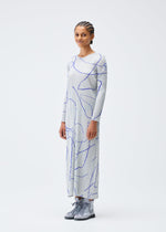 A model wears the Pleats Please Issey Miyake PAUSE dress.