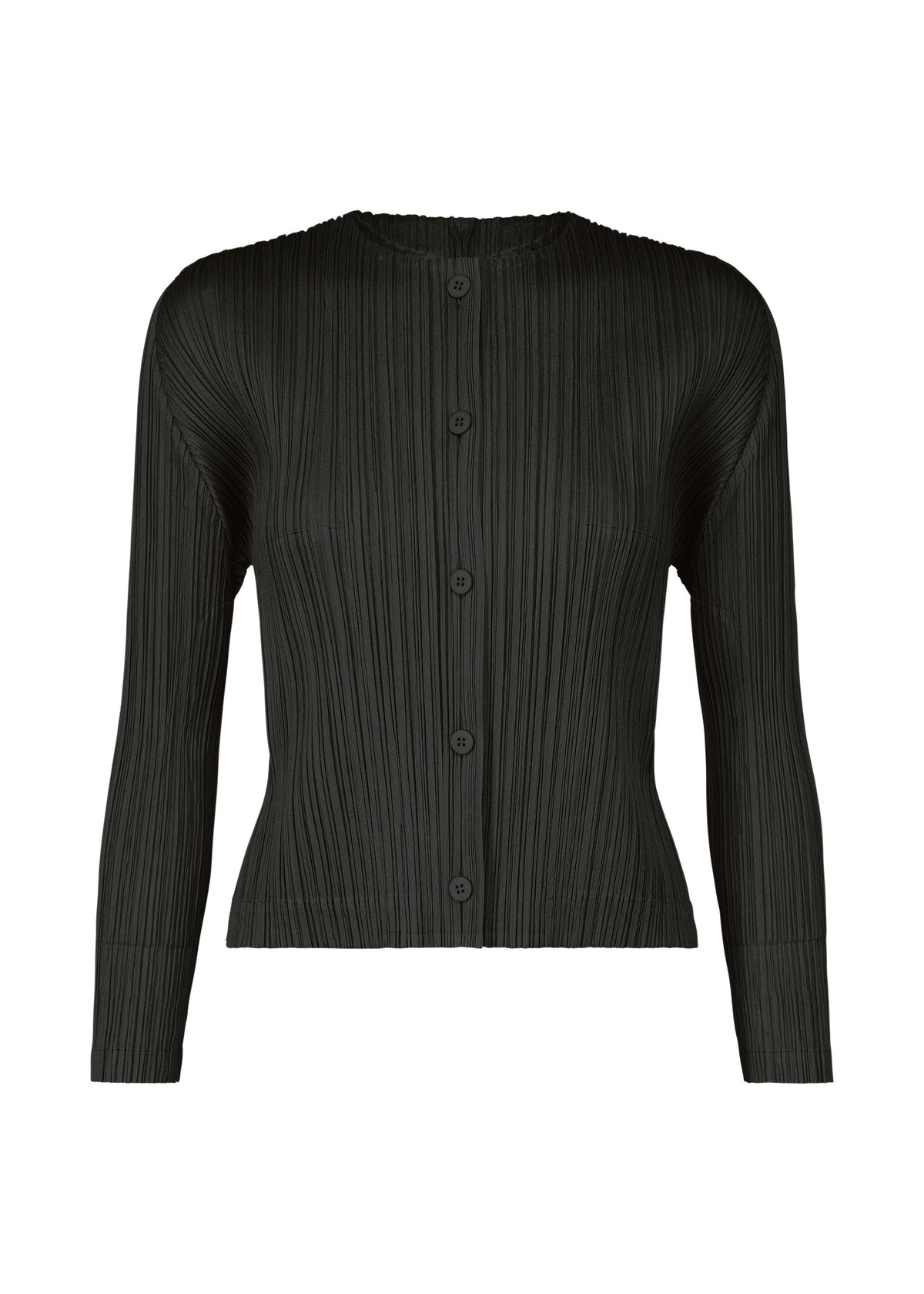A product shot of the PLEATS PLEASE ISSEY MIYAKE MONTHLY COLORS AUGUST cardigan in black (15).