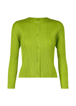 A product shot of the PLEATS PLEASE ISSEY MIYAKE MONTHLY COLORS AUGUST cardigan in yellow green (58).