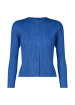 A product shot of the PLEATS PLEASE ISSEY MIYAKE MONTHLY COLORS AUGUST cardigan in blue (72).