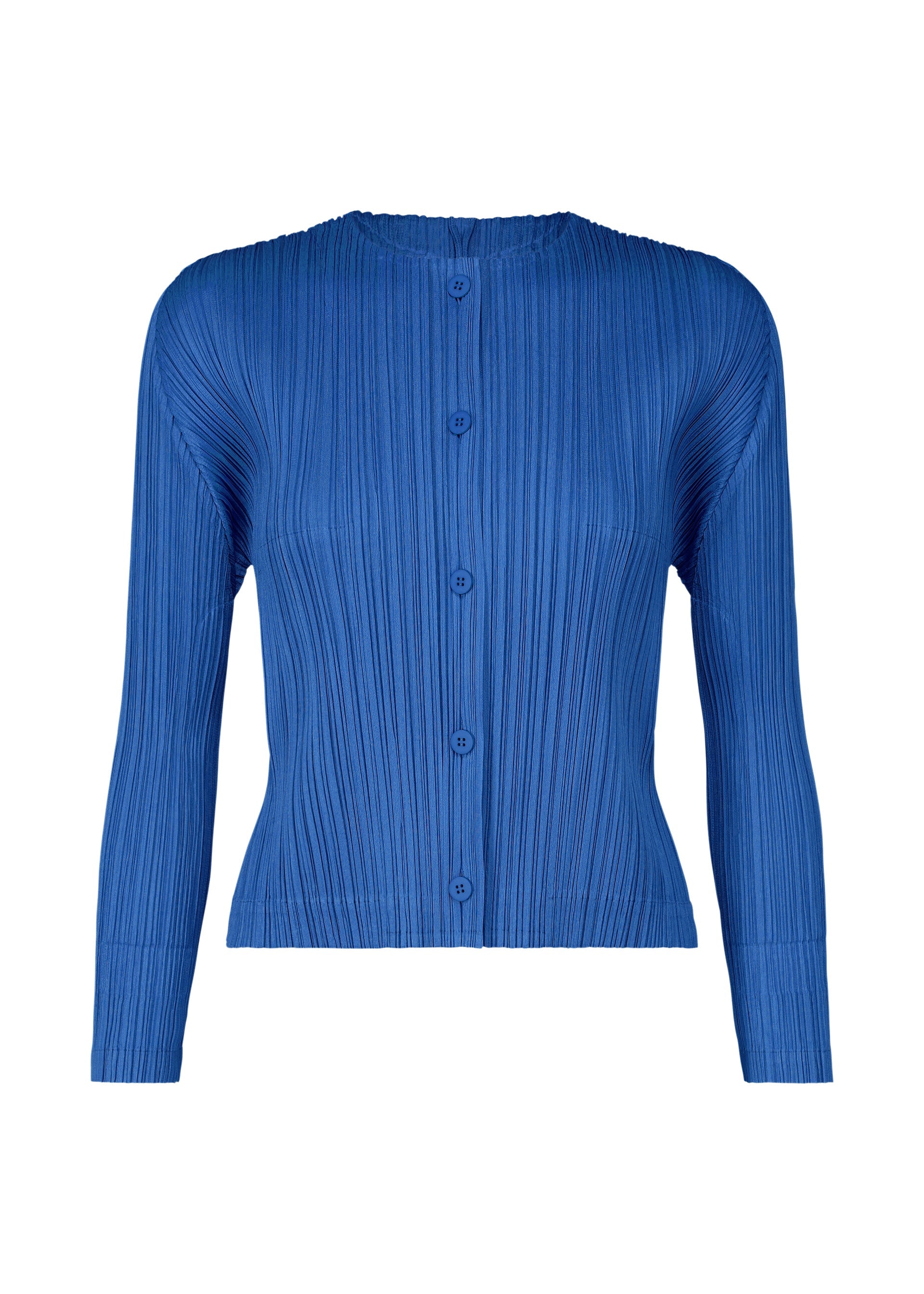 A product shot of the PLEATS PLEASE ISSEY MIYAKE MONTHLY COLORS AUGUST cardigan in blue (72).