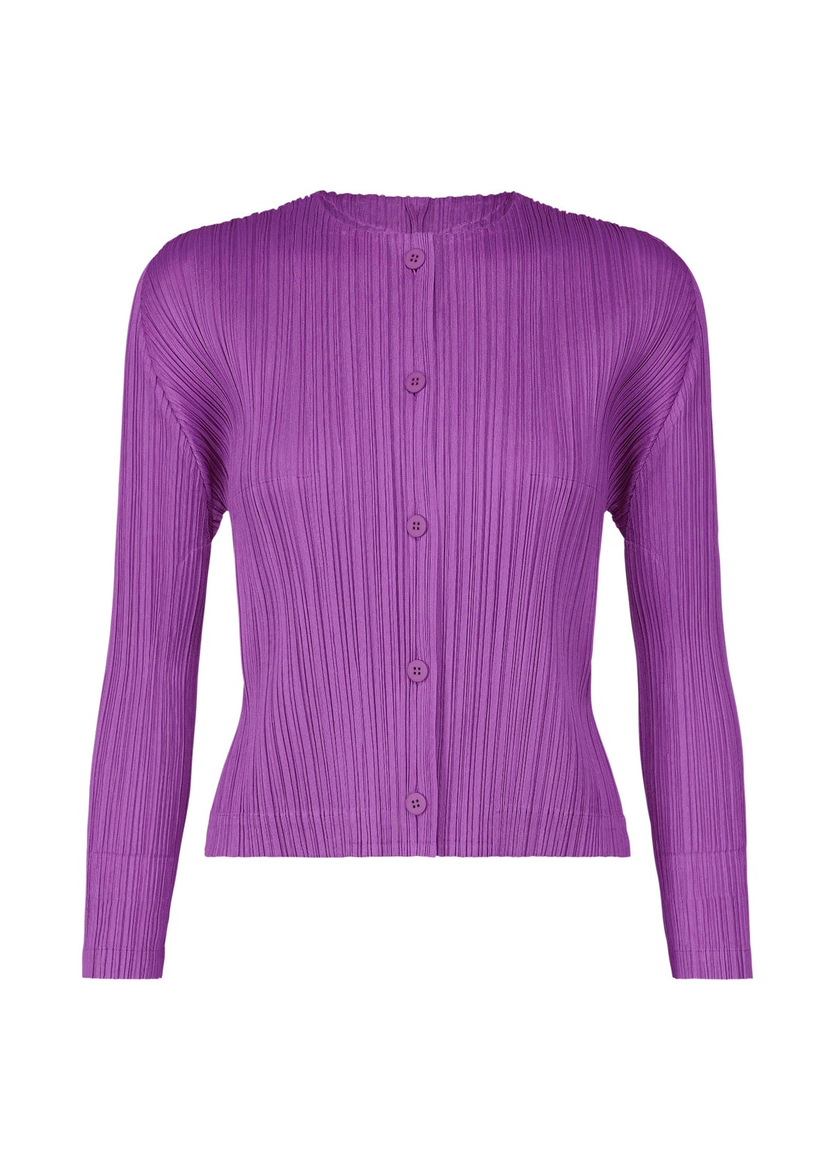 A product shot of the PLEATS PLEASE ISSEY MIYAKE MONTHLY COLORS AUGUST cardigan in light purple (80).