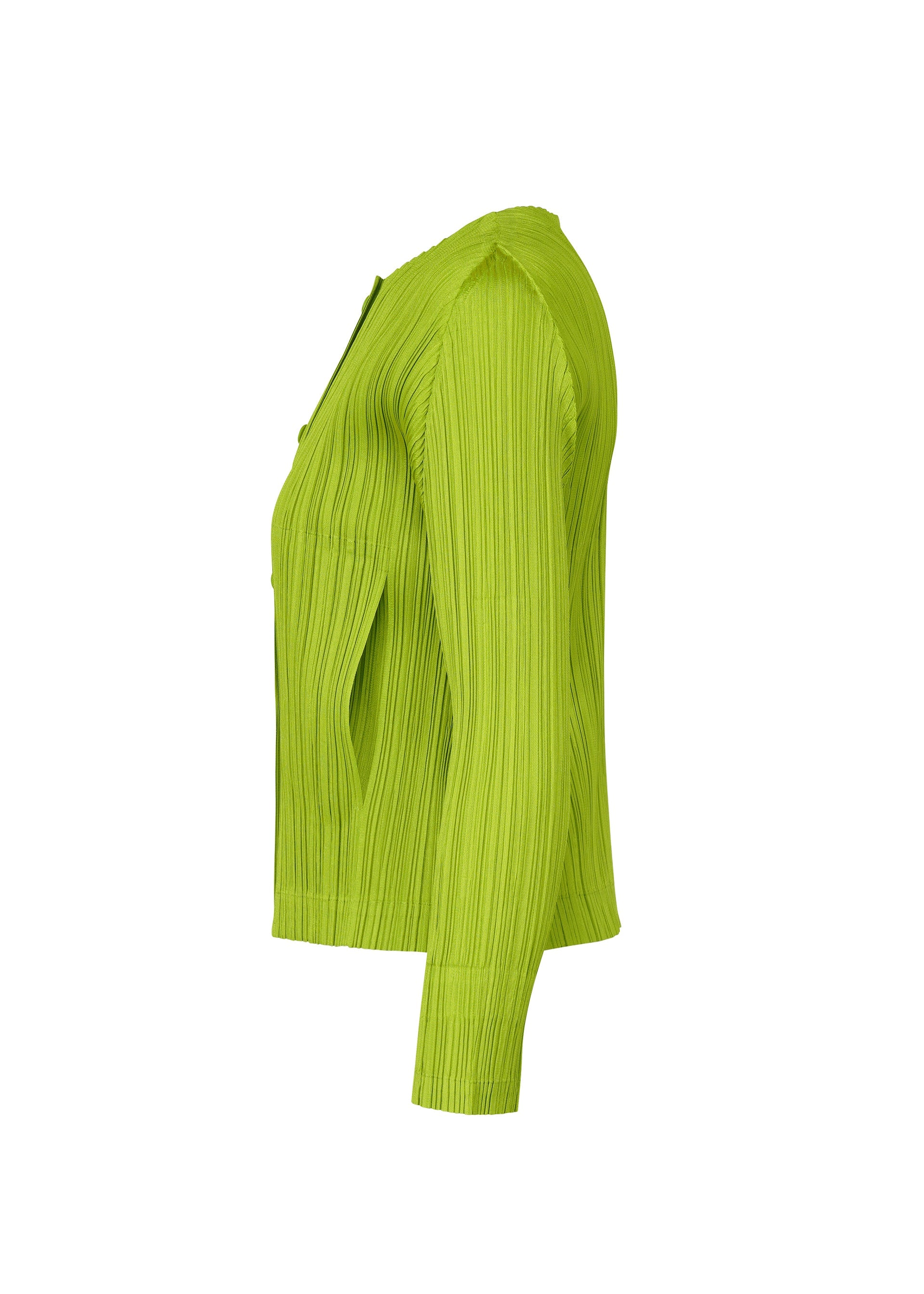 A detail shot of the PLEATS PLEASE ISSEY MIYAKE MONTHLY COLORS AUGUST cardigan.