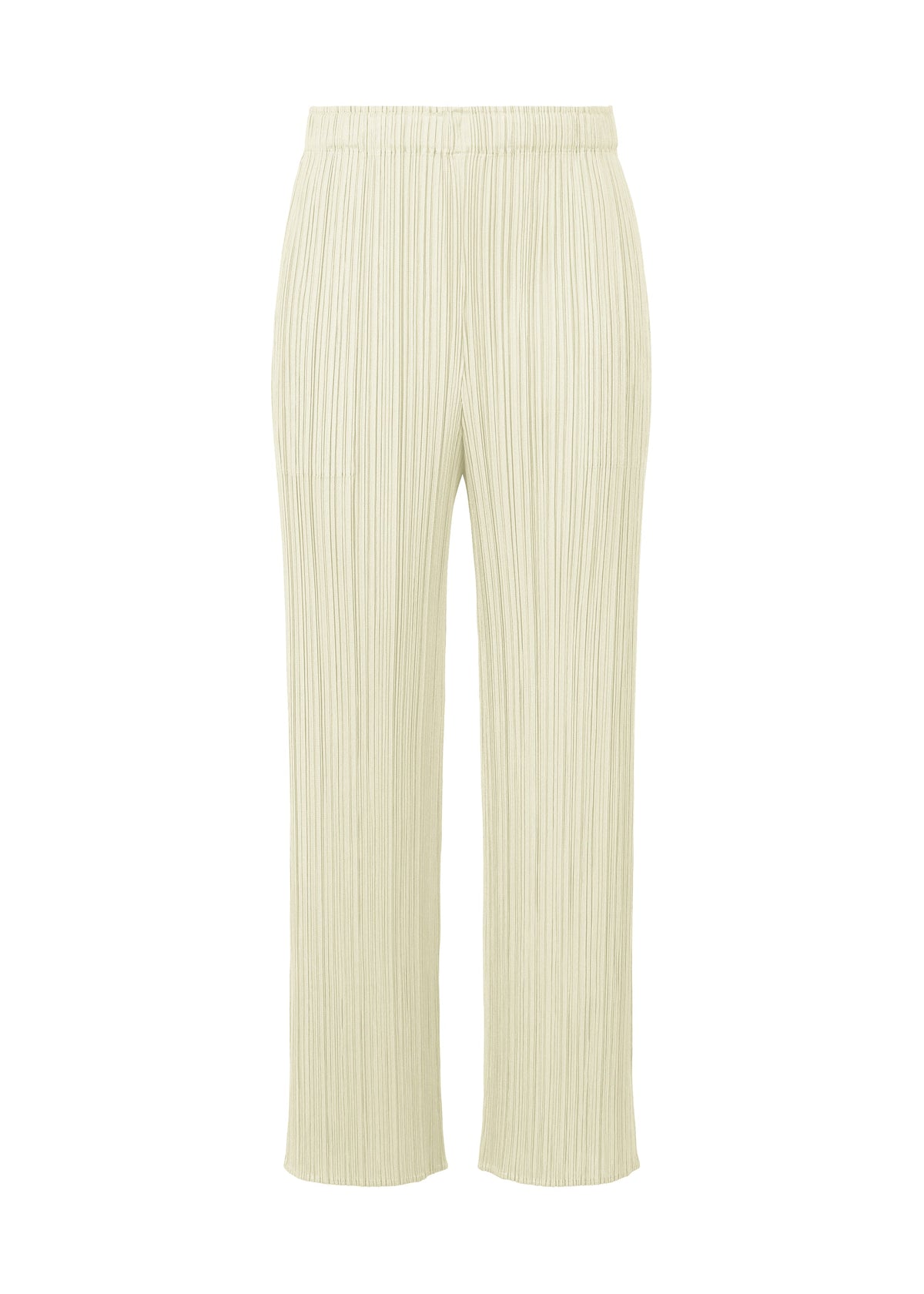 A product shot of the Pleats Please Issey Miyake MONTHLY COLORS MAY trousers in ivory (03), recurring_style.
