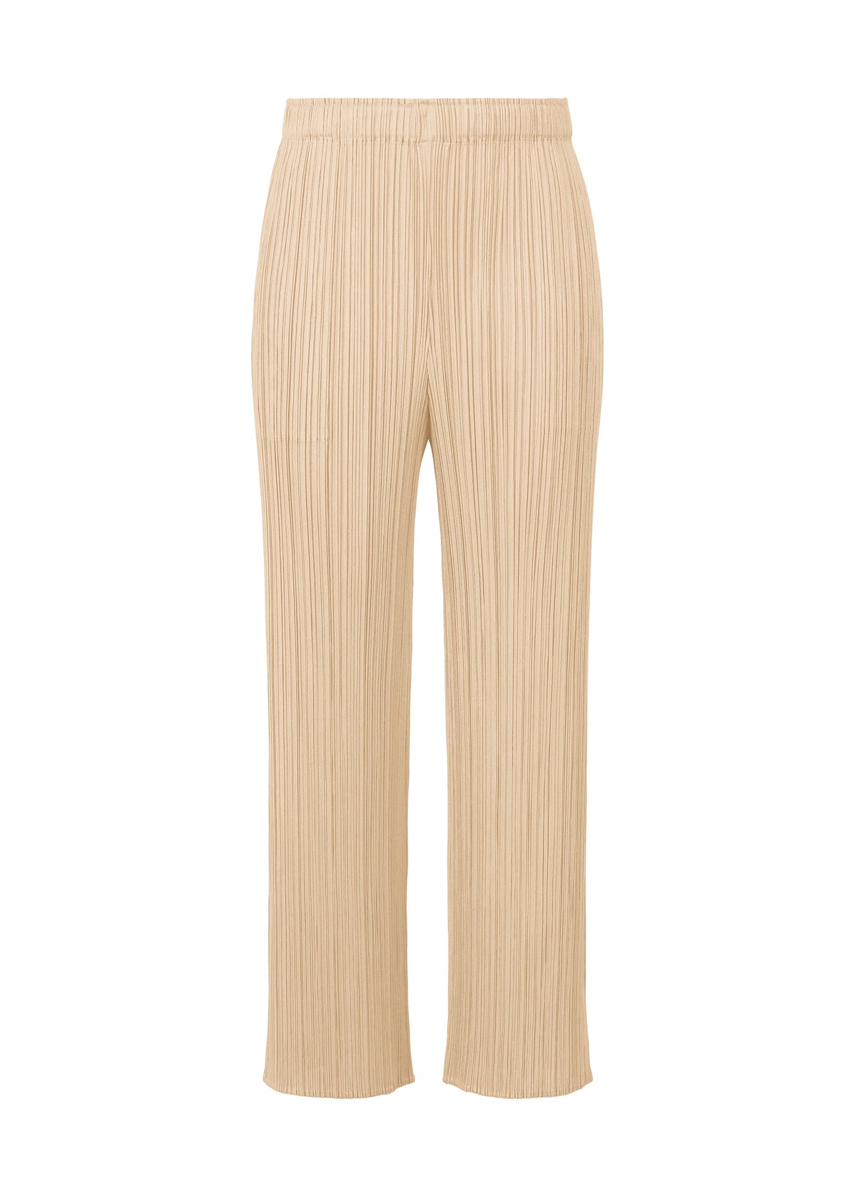 A product shot of the Pleats Please Issey Miyake MONTHLY COLORS MAY trousers in sand beige (43), recurring_style.