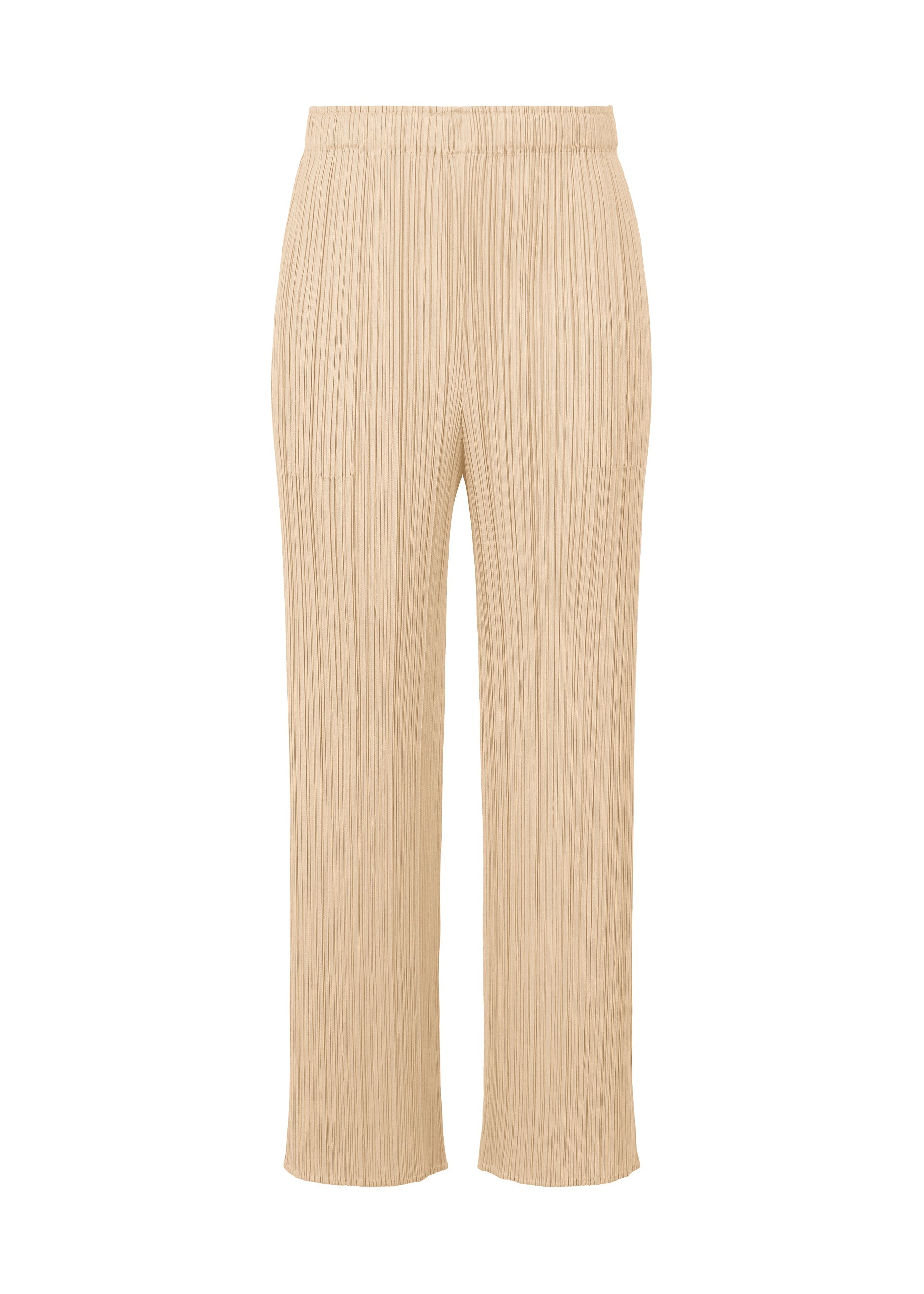A product shot of the Pleats Please Issey Miyake MONTHLY COLORS MAY trousers in sand beige (43), recurring_style.